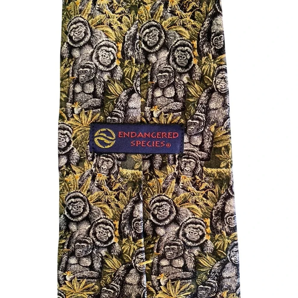 Endangered Species Mens Silk Tie Gorilla Jungle Animal Print Grey Green USA Made